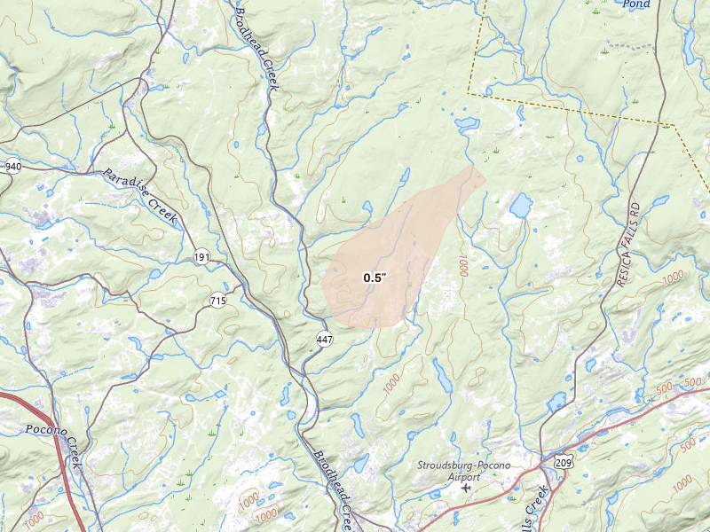 Radar-estimated hail-size map of the storm over East Stroudsburg, PA on Aug 7, 2026