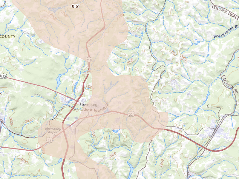 Radar-estimated hail-size map of the storm over Ebensburg, PA on Sep 2, 2026