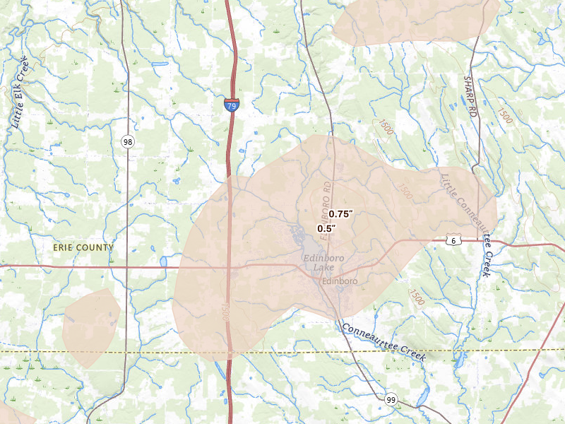 Radar-estimated hail-size map of the storm over Edinboro, PA on Aug 10, 2026