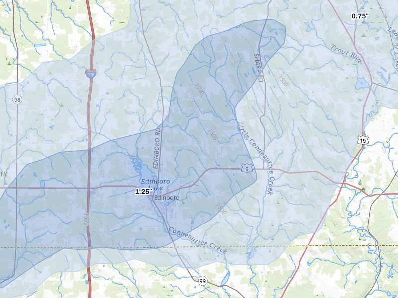 NEXRAD radar-signature map of the hail storm over Edinboro, PA on Aug 10, 2026