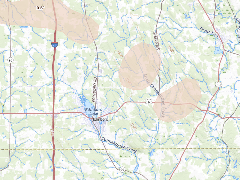 Radar-estimated hail-size map of the storm over Edinboro, PA on Sep 2, 2026