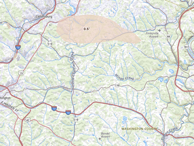 Radar-estimated hail-size map of the storm over Eighty Four, PA on May 13, 2026