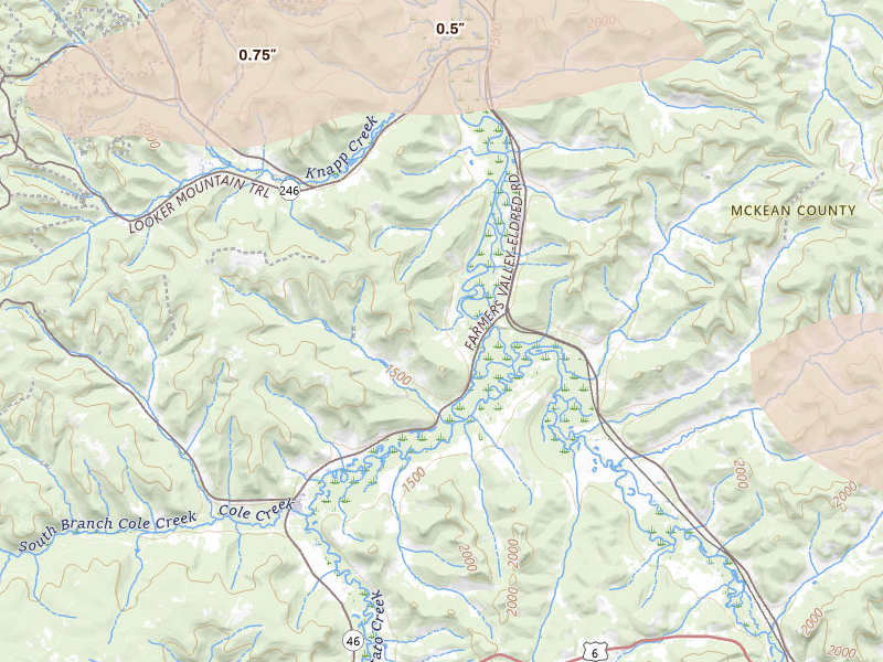 Radar-estimated hail-size map of the storm over Eldred, PA on Jul 3, 2026