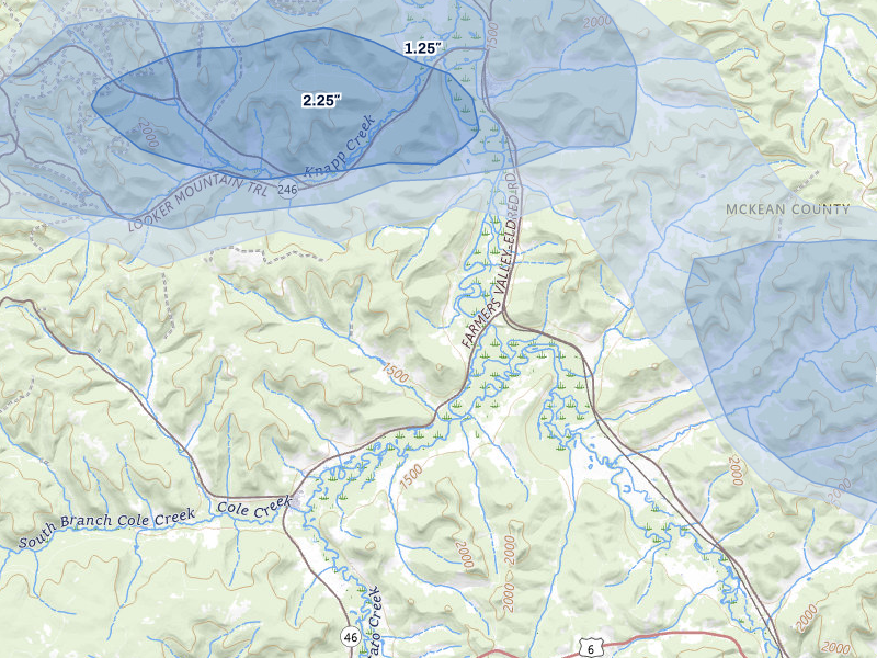 NEXRAD radar-signature map of the hail storm over Eldred, PA on Jul 3, 2026