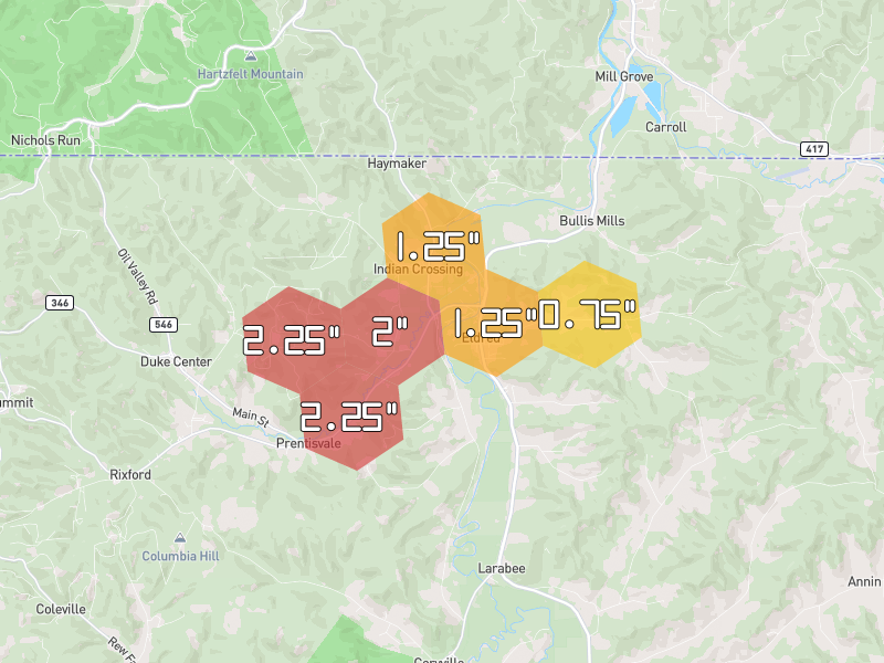 Hail map of Eldred, PA on Jul 3, 2026, hail up to 2.25"