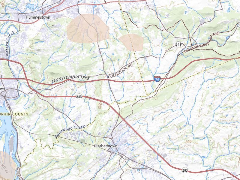 Radar-estimated hail-size map of the storm over Elizabethtown, PA on Jul 4, 2026
