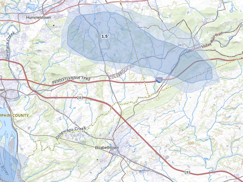NEXRAD radar-signature map of the hail over Elizabethtown, PA
