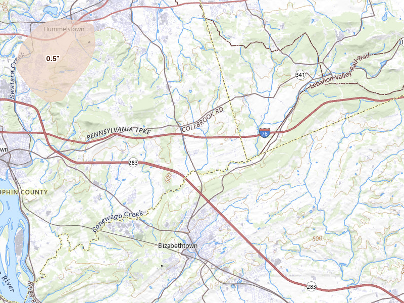 Radar-estimated hail-size map of the storm over Elizabethtown, PA on Jul 5, 2026