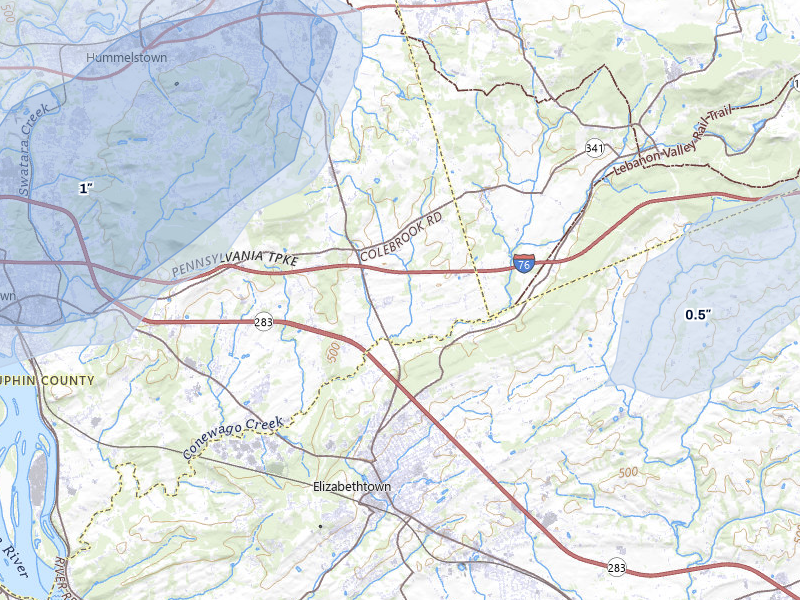 NEXRAD radar-signature map of the hail storm over Elizabethtown, PA on Jul 5, 2026