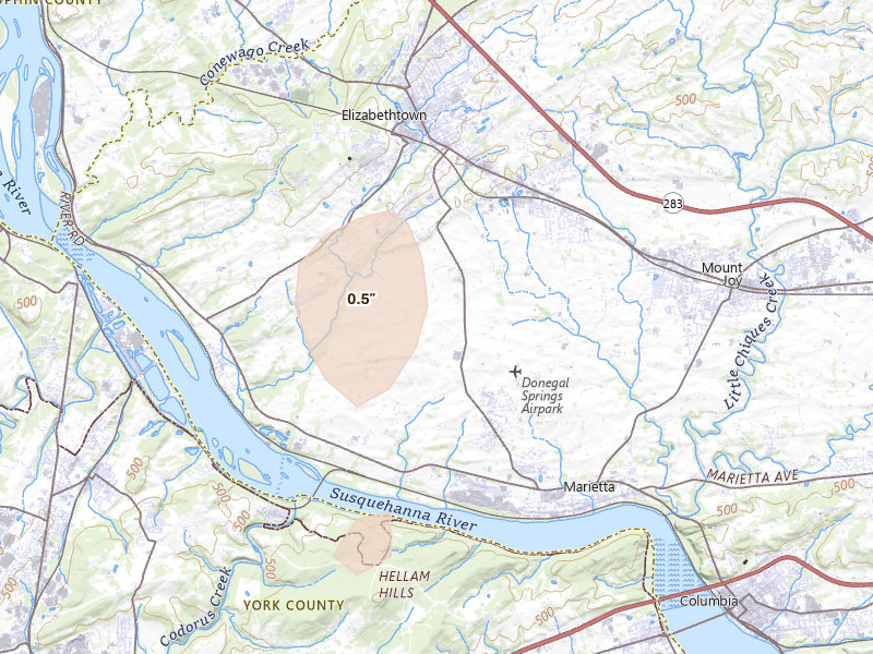 Radar-estimated hail-size map of the storm over Elizabethtown, PA on Aug 7, 2026