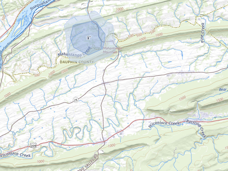 NEXRAD radar-signature map of the hail storm over Elizabethville, PA on May 13, 2026