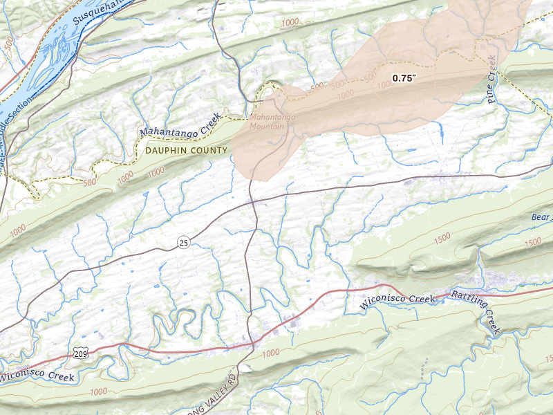 Radar-estimated hail-size map of the storm over Elizabethville, PA on Jun 6, 2026