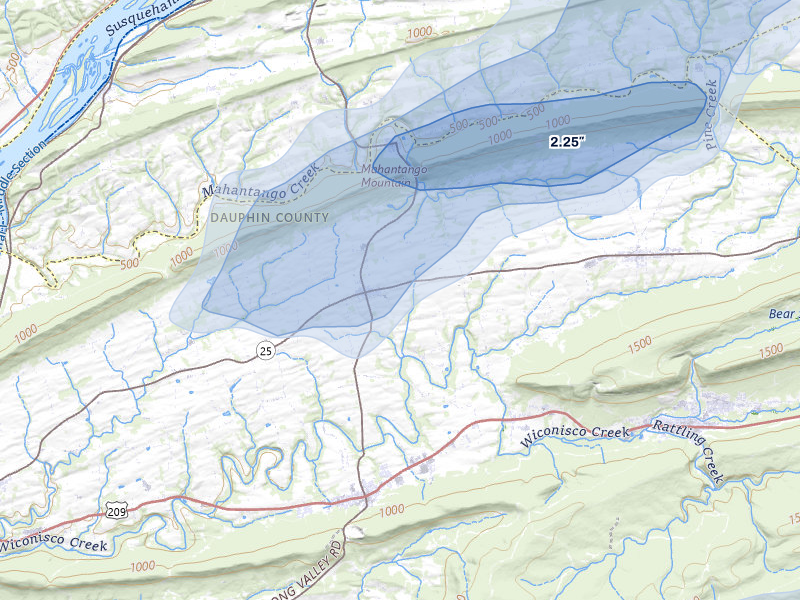 NEXRAD radar-signature map of the hail over Elizabethville, PA