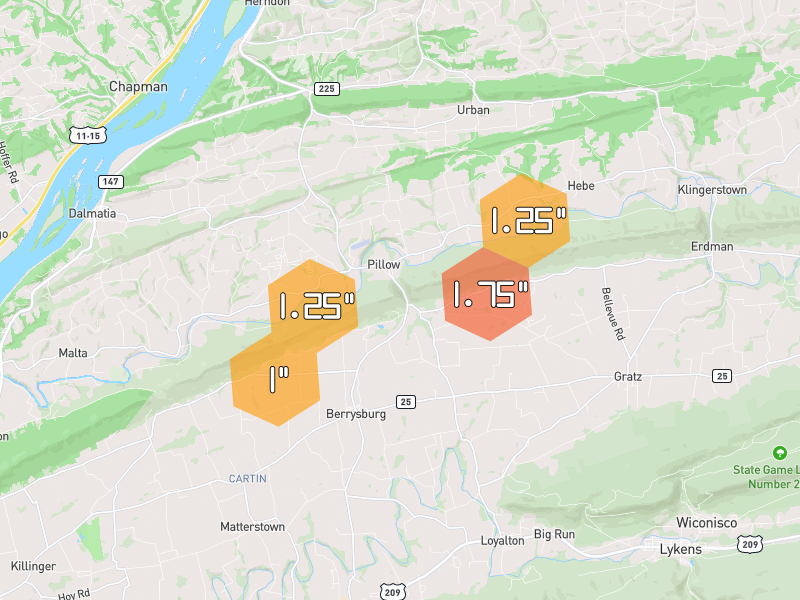 Hail map of Elizabethville, PA on Jun 6, 2026, hail up to 1.75"
