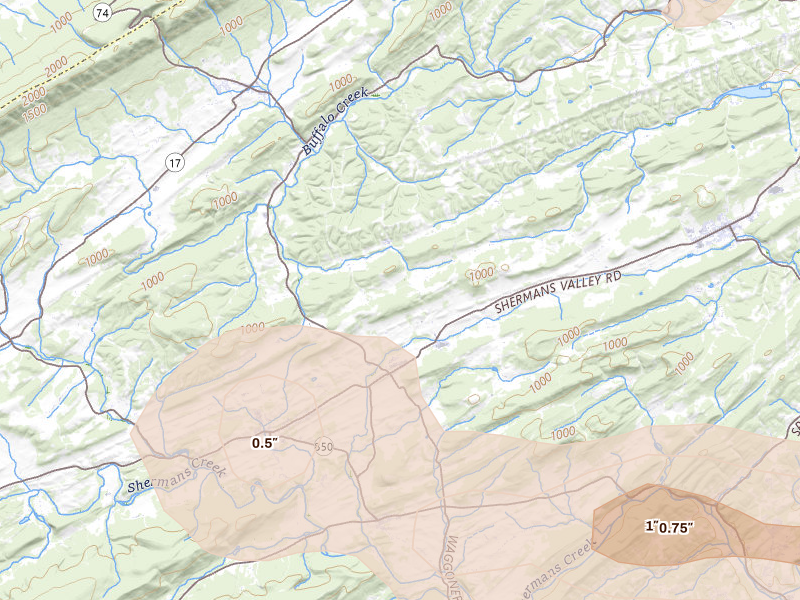 Radar-estimated hail-size map of the storm over Elliottsburg, PA on Jul 5, 2026