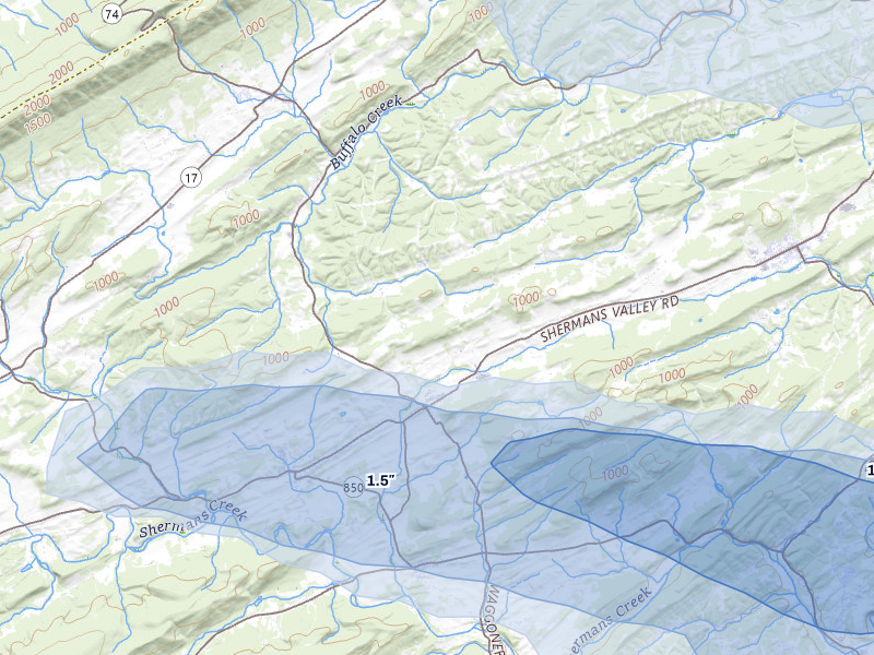 NEXRAD radar-signature map of the hail over Elliottsburg, PA