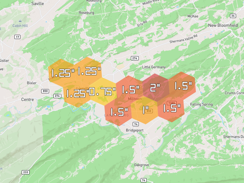 Hail map of Elliottsburg, PA on Jul 5, 2026, hail up to 2"