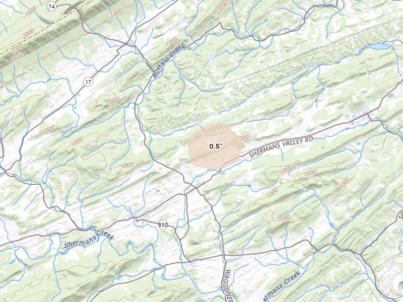 Radar-estimated hail-size map of the storm over Elliottsburg, PA on Aug 7, 2026