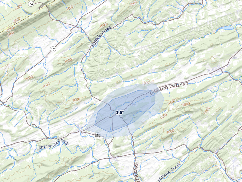 NEXRAD radar-signature map of the hail storm over Elliottsburg, PA on Aug 7, 2026