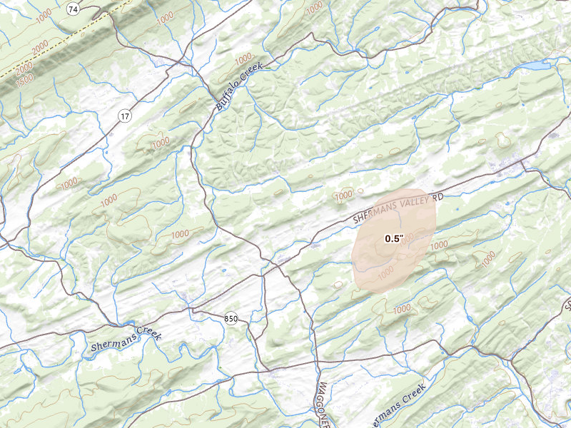 Radar-estimated hail-size map of the storm over Elliottsburg, PA on Sep 2, 2026