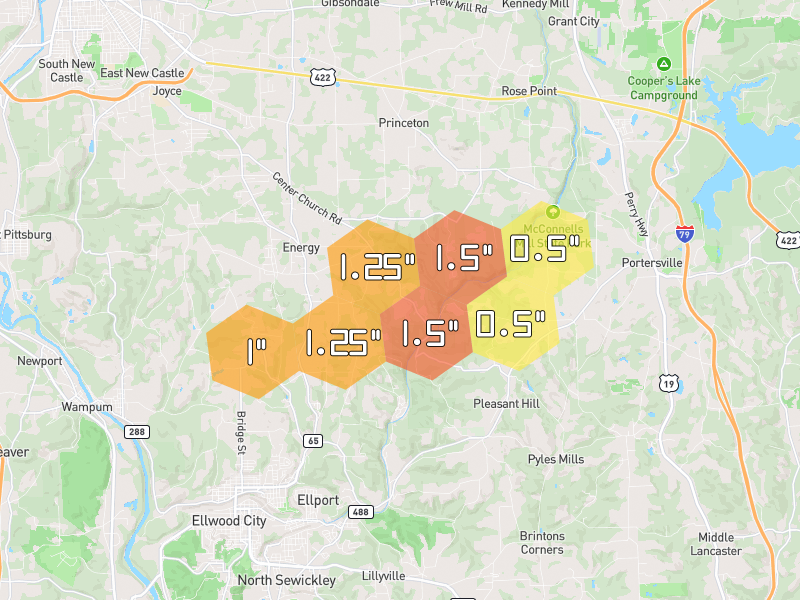 Hail map of Ellwood City, PA on Jul 4, 2026, hail up to 1.5"