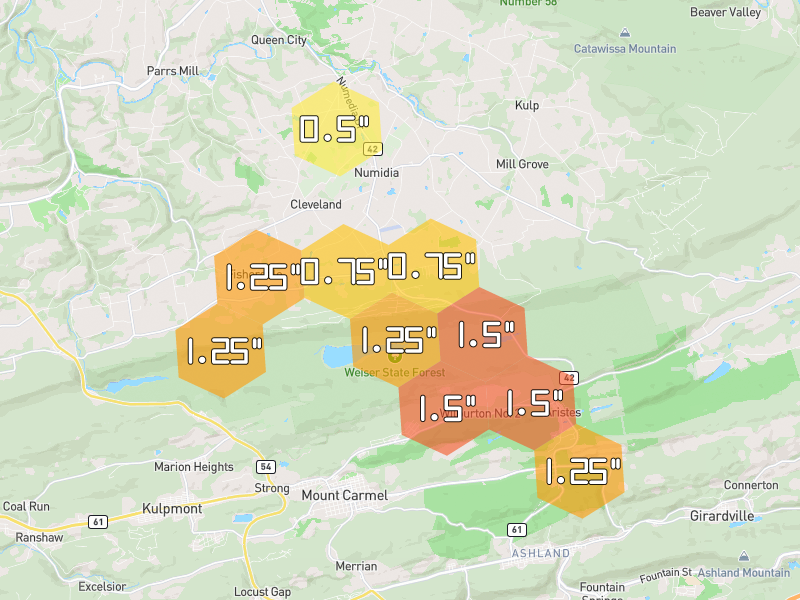 Hail map of Elysburg, PA on Jul 3, 2026, hail up to 1.5"