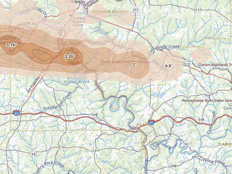 Radar-estimated hail-size map of the storm over Emlenton, PA