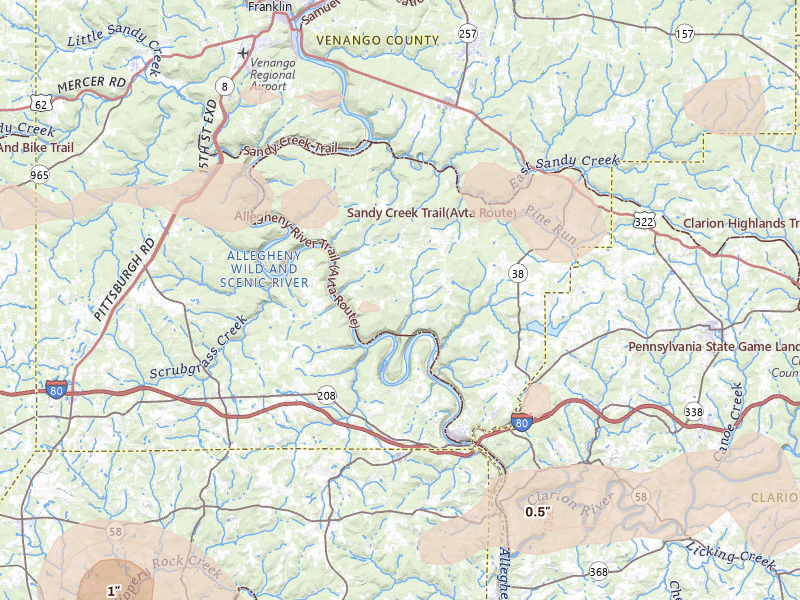 Radar-estimated hail-size map of the storm over Emlenton, PA on Jul 3, 2026