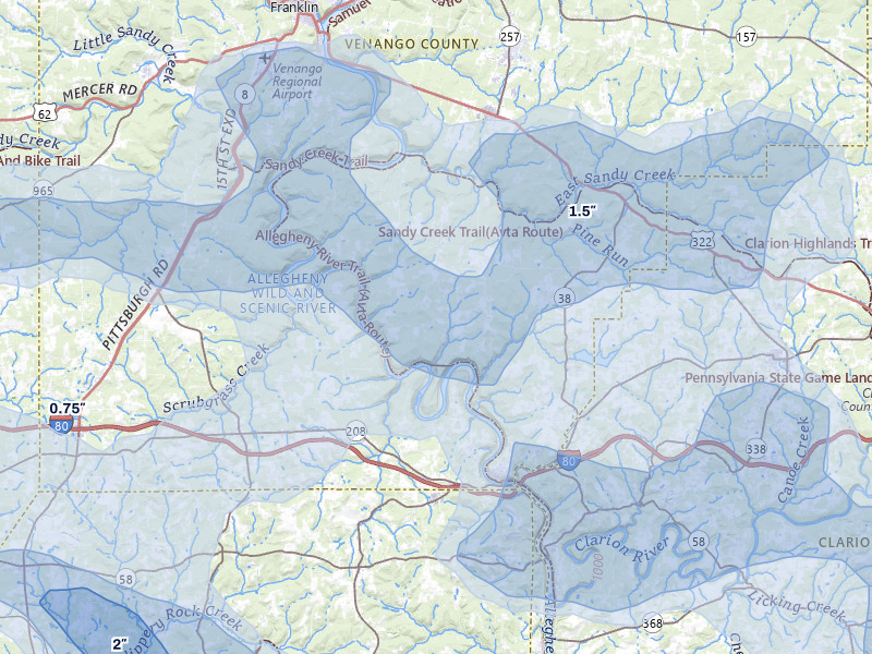 NEXRAD radar-signature map of the hail storm over Emlenton, PA on Jul 3, 2026