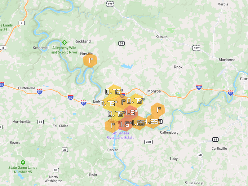 Hail map of Emlenton, PA on Jul 4, 2026, hail up to 1.5"