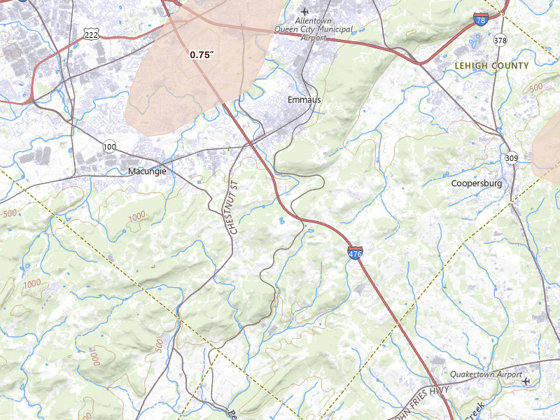 Radar-estimated hail-size map of the storm over Emmaus, PA on Jul 28, 2026
