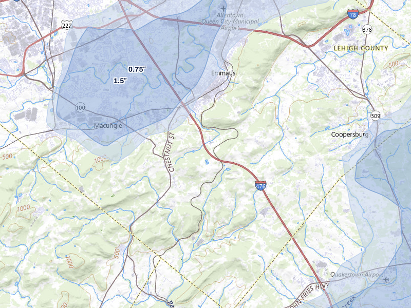 NEXRAD radar-signature map of the hail storm over Emmaus, PA on Jul 28, 2026