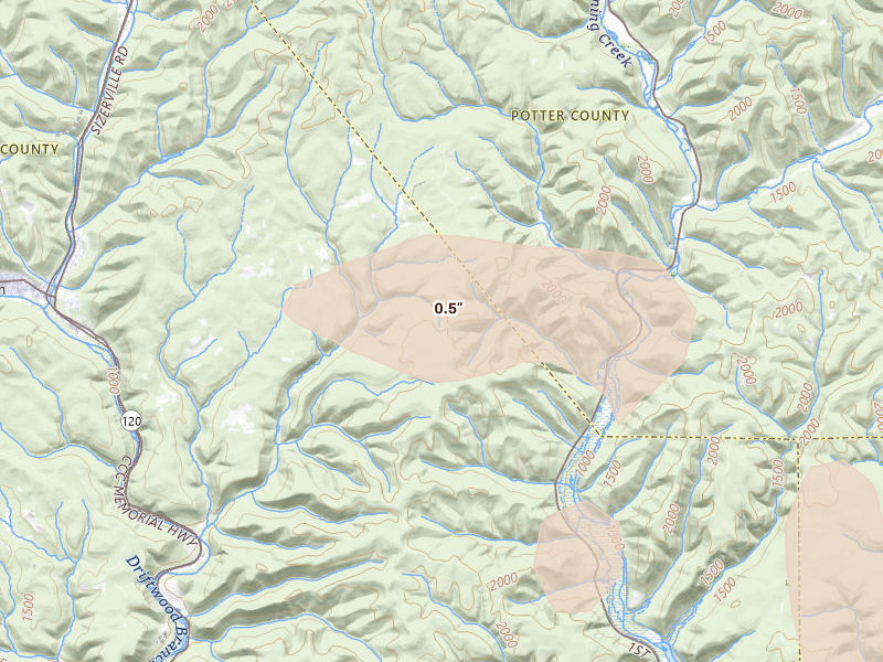 Radar-estimated hail-size map of the storm over Emporium, PA on Sep 2, 2026