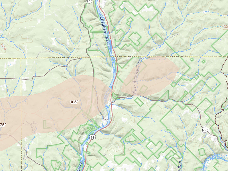 Radar-estimated hail-size map of the storm over Endeavor, PA on Mar 7, 2026