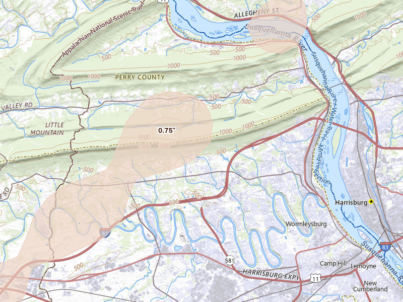 Radar-estimated hail-size map of the storm over Enola, PA on Jun 14, 2026