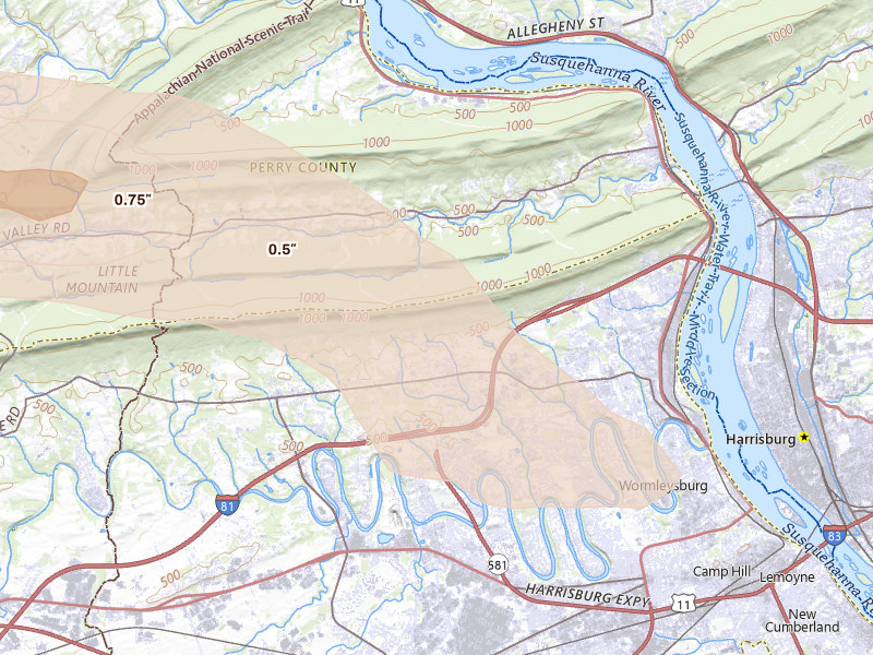 Radar-estimated hail-size map of the storm over Enola, PA on Jul 5, 2026