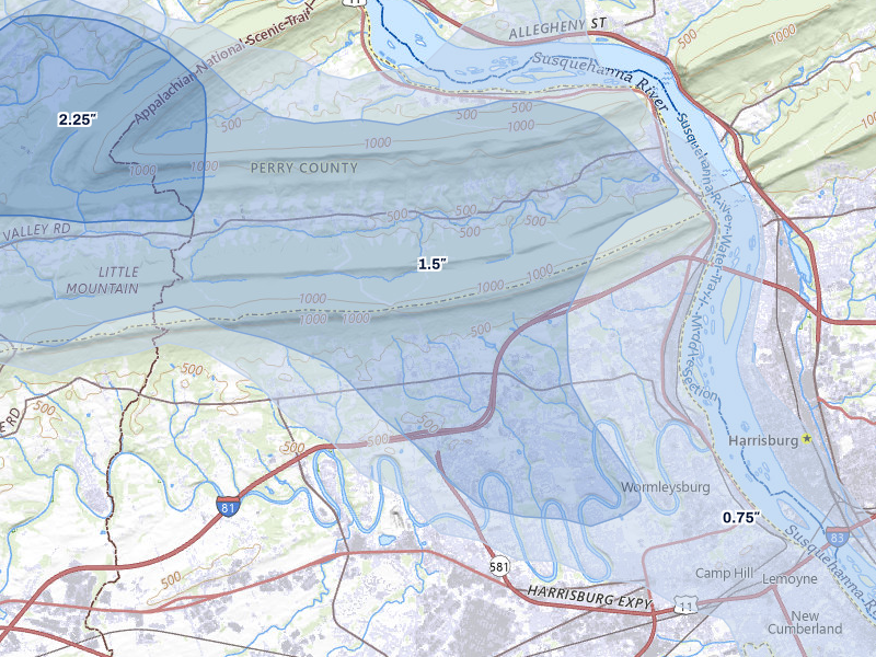 NEXRAD radar-signature map of the hail over Enola, PA