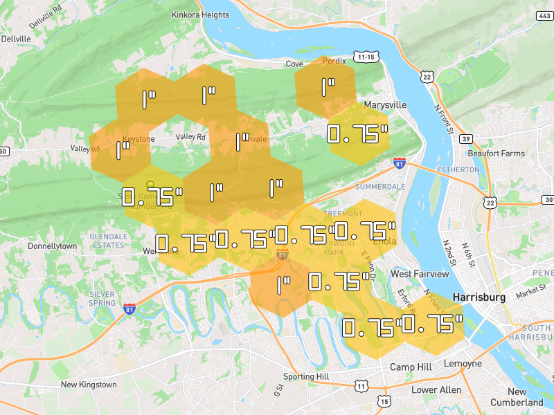Hail map of Enola, PA on Jul 5, 2026, hail up to 1"