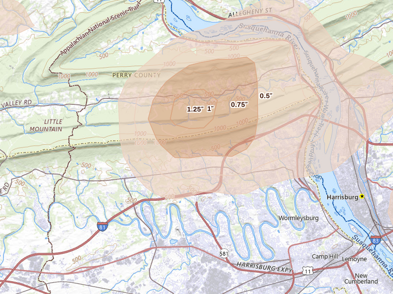 Radar-estimated hail-size map of the storm over Enola, PA on Aug 27, 2026