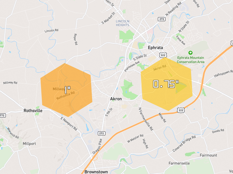 Hail map of Ephrata, PA on Jul 4, 2026, hail up to 1"