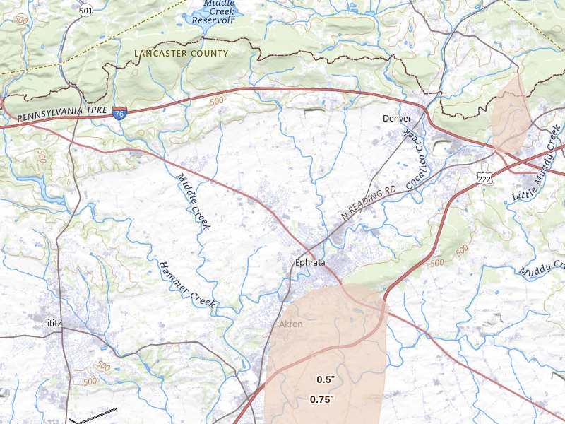 Radar-estimated hail-size map of the storm over Ephrata, PA on Jul 5, 2026