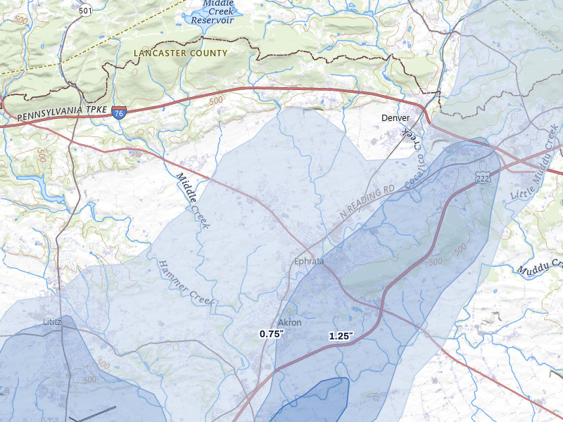 NEXRAD radar-signature map of the hail storm over Ephrata, PA on Jul 5, 2026