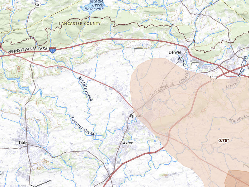 Radar-estimated hail-size map of the storm over Ephrata, PA on Sep 1, 2026