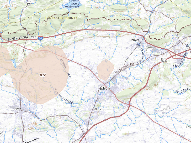 Radar-estimated hail-size map of the storm over Ephrata, PA on Sep 2, 2026