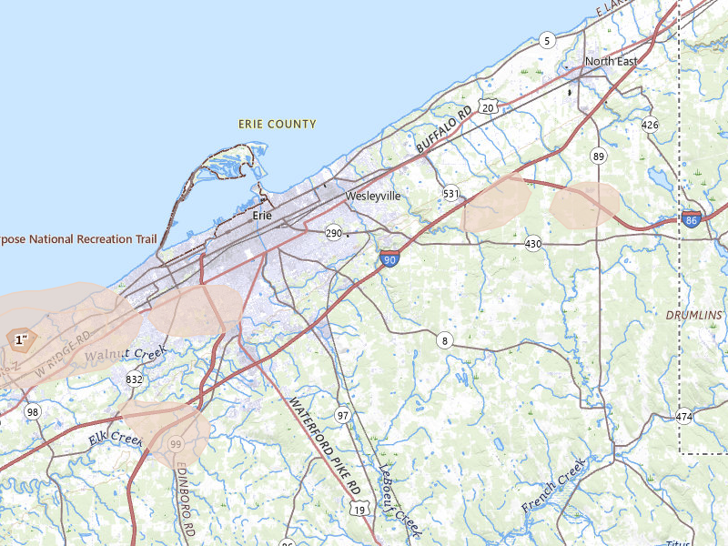 Radar-estimated hail-size map of the storm over Erie, PA on Jul 21, 2026