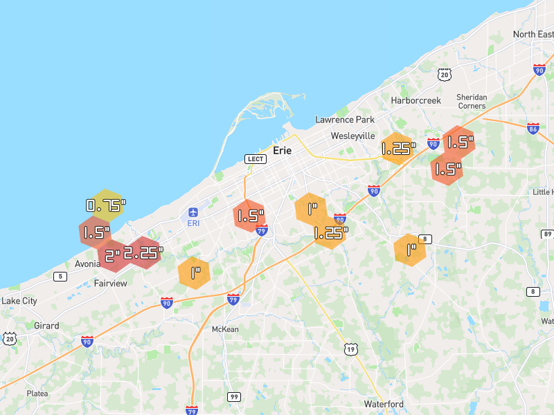 Hail map of Erie, PA on Jul 21, 2026, hail up to 2.25"