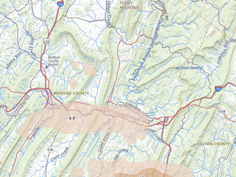 Radar-estimated hail-size map of the storm over Everett, PA on Sep 2, 2026