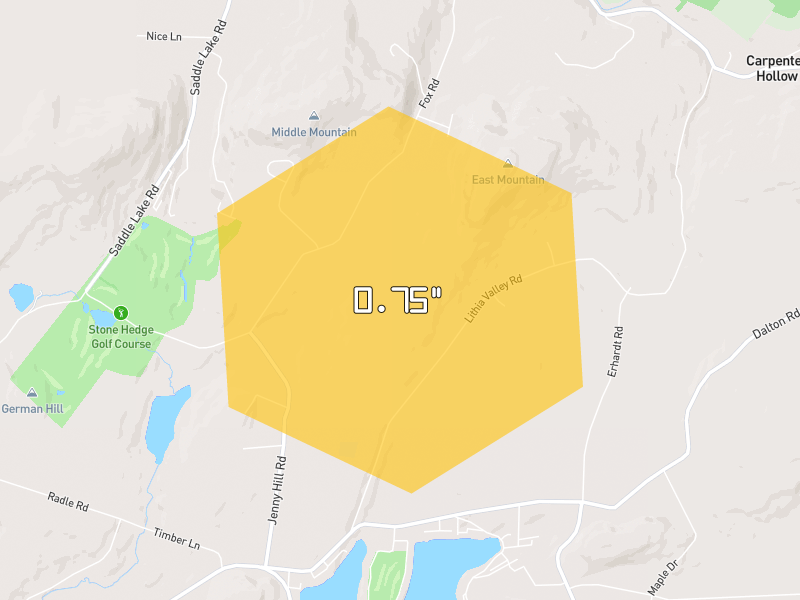 Hail map of Factoryville, PA on Jul 2, 2026, hail up to 0.75"