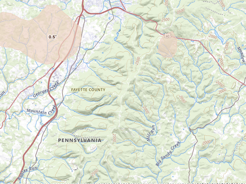 Radar-estimated hail-size map of the storm over Fairchance, PA on Aug 10, 2026