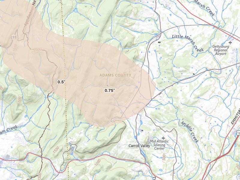 Radar-estimated hail-size map of the storm over Fairfield, PA on Aug 10, 2026